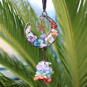 Crystal Moon and Star Charm, Hanging Car Charm Sun Catcher, Rearview Mirror Charm with Crystals
