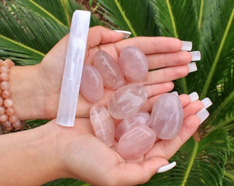 Crystal Bundle: Rose Quartz Palm Stones & Selenite Wand