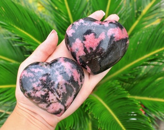 Large Rhodonite Stone Hearts, Pink Crystal Heart Shaped Stones, Puffy Heart Crystals