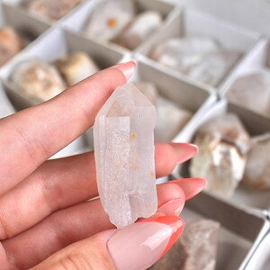 May include: A clear quartz crystal point is held in a hand, showcasing its natural, translucent appearance. The crystal is a light, neutral color, with a pointed tip and a rough base. Other crystals are visible in the background, stored in a divided box.
