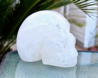 May include: A white crystal skull sculpture. The skull is carved in detail and has a smooth, polished finish.