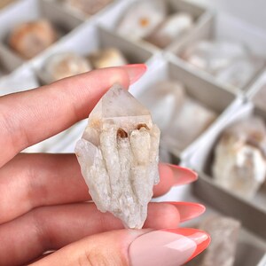 May include: A clear quartz crystal with a pointed tip and a rough, textured surface. The crystal is held in a hand with manicured nails, with other crystals in the background. The crystal is approximately 2 inches in length.
