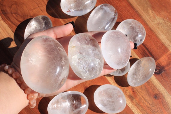 Clear Quartz Crystal Palm Stone, Large Rock Quartz Pocket Rocks
