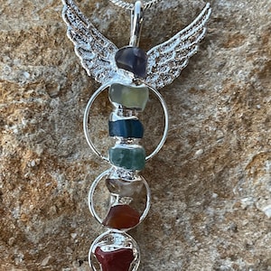 Chakra Angel Wings multi crystal & silver gemstone necklace