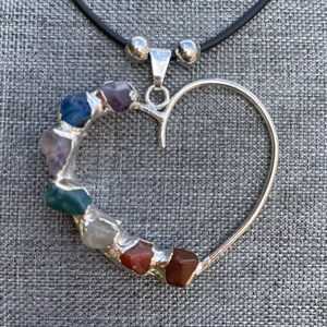 Large Chakra Heart.  Silver and crystal pendent, handmade with 7 authentic chakra stones.