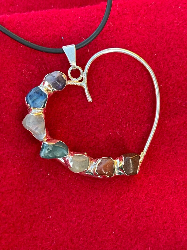 Large Chakra Heart.  Silver and crystal pendent, handmade with 7 authentic chakra stones.