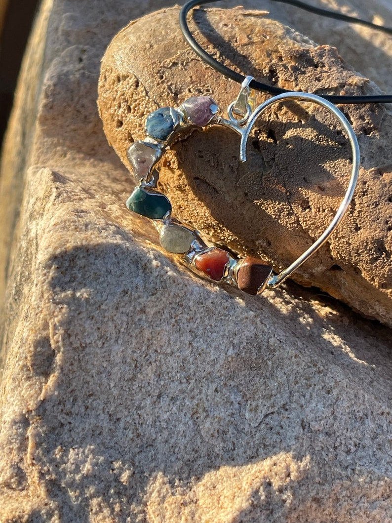 Large Chakra Heart.  Silver and crystal pendent, handmade with 7 authentic chakra stones.
