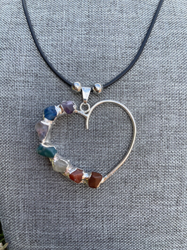 Large Chakra Heart.  Silver and crystal pendent, handmade with 7 authentic chakra stones.