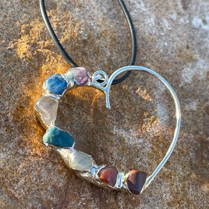 Large Chakra Heart.  Silver and crystal pendent, handmade with 7 authentic chakra stones.