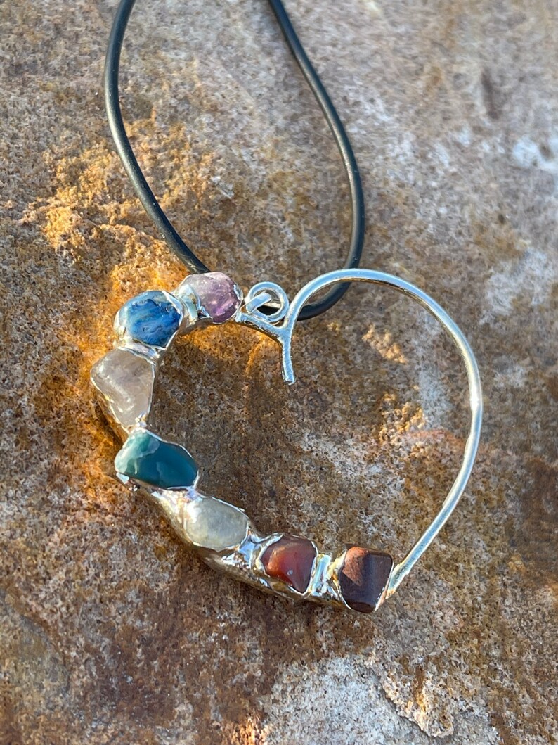 Large Chakra Heart.  Silver and crystal pendent, handmade with 7 authentic chakra stones.
