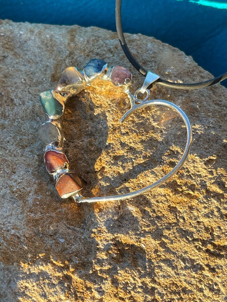 Large Chakra Heart.  Silver and crystal pendent, handmade with 7 authentic chakra stones.