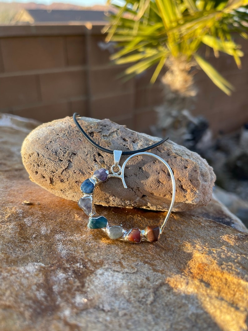 Large Chakra Heart.  Silver and crystal pendent, handmade with 7 authentic chakra stones.