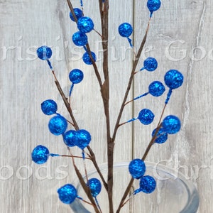 Beautiful Bright Blue Glitter Berry Spray Pick 18&quot; Long,  Bundle of FIVE (5) picks.