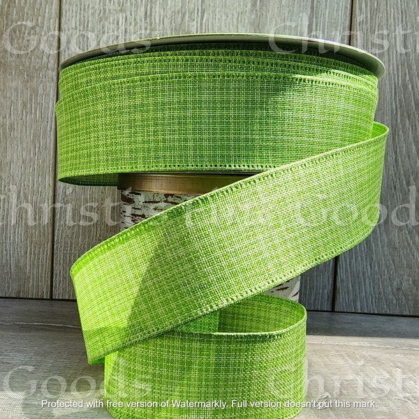 Vivid Light Grass Green Faux Linen/Fine Burlap Ribbon Wired 1.5" Wide 5 Yard Increments.