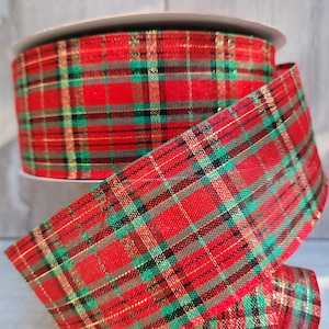 Plaid, Red/Green/Black and Gold Ribbon 2.5" Wide and Wired. 5 yard Increments.