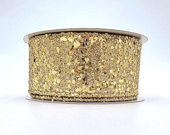 Cinta dorada grande con brillantina de 1.5" x 10 yardas. Con alambre.