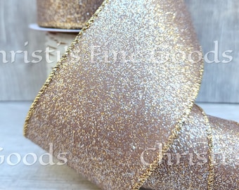 Ruban métallique à paillettes dorées de 2,5 pouces, base simple face marron champagne, rouleau de 30 pieds/10 mètres.