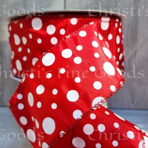 Classic Red and White, White Shimmery Polka Dot on Red Satin Background Wired 2.5&quot; Wide, 5 Yard increments.
