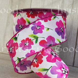 Vår-/sommarblomma knallrosa/lila/rött band rosa kantband 6,5 cm brett och trådbundet, 5-yard-steg