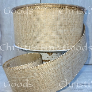 Gorgeous Natural Linen like with Gold Edges Wired Ribbon 2.5&quot; inch 5 Yard