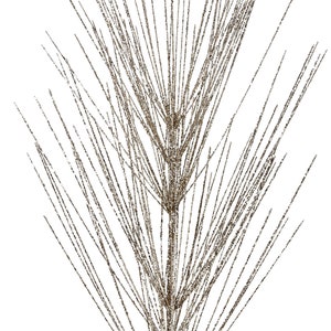 May include: A gold glitter pine sprig with a white stem. The sprig is made of thin, wire-like branches that are covered in glitter.
