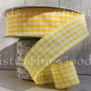 Yellow and White Plaid Picnic Ribbon 1.5" Wide and Wired. 5 Yard Increments.