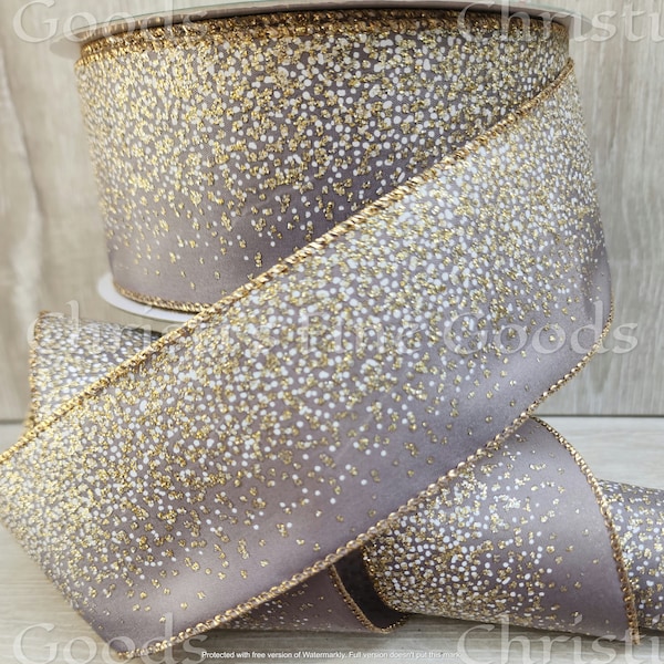 Christmas Ribbon Gold and White Ombre Speckled on Gray Metallic 2.5" Wide 5 Yard Increments.