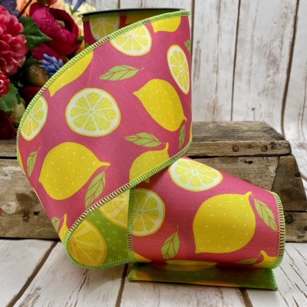 4" x 10yds Luxury Designer Ribbon, d. Stevens, Grosgrain Sliced Lemons, Two-Sided, Pink, Lime Green, Wired Ribbon.