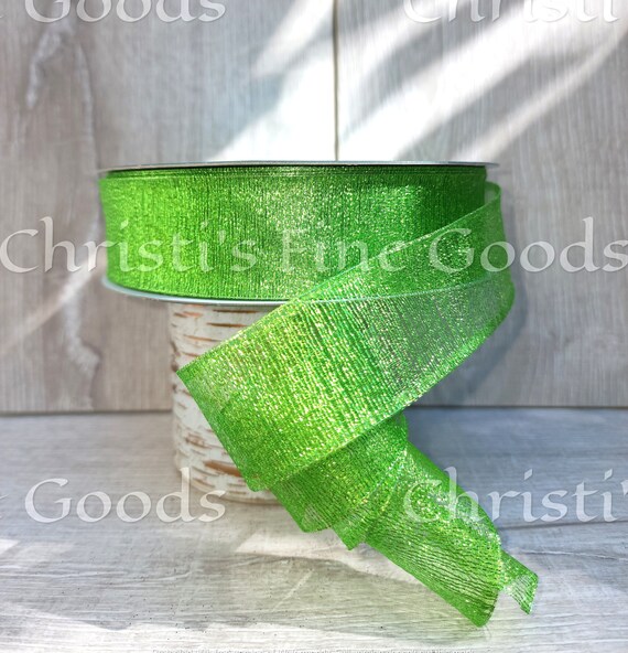 Beautiful Semi Sheer Bright Green Wired Ribbon 1.5 wide, 5 Yard Increments.