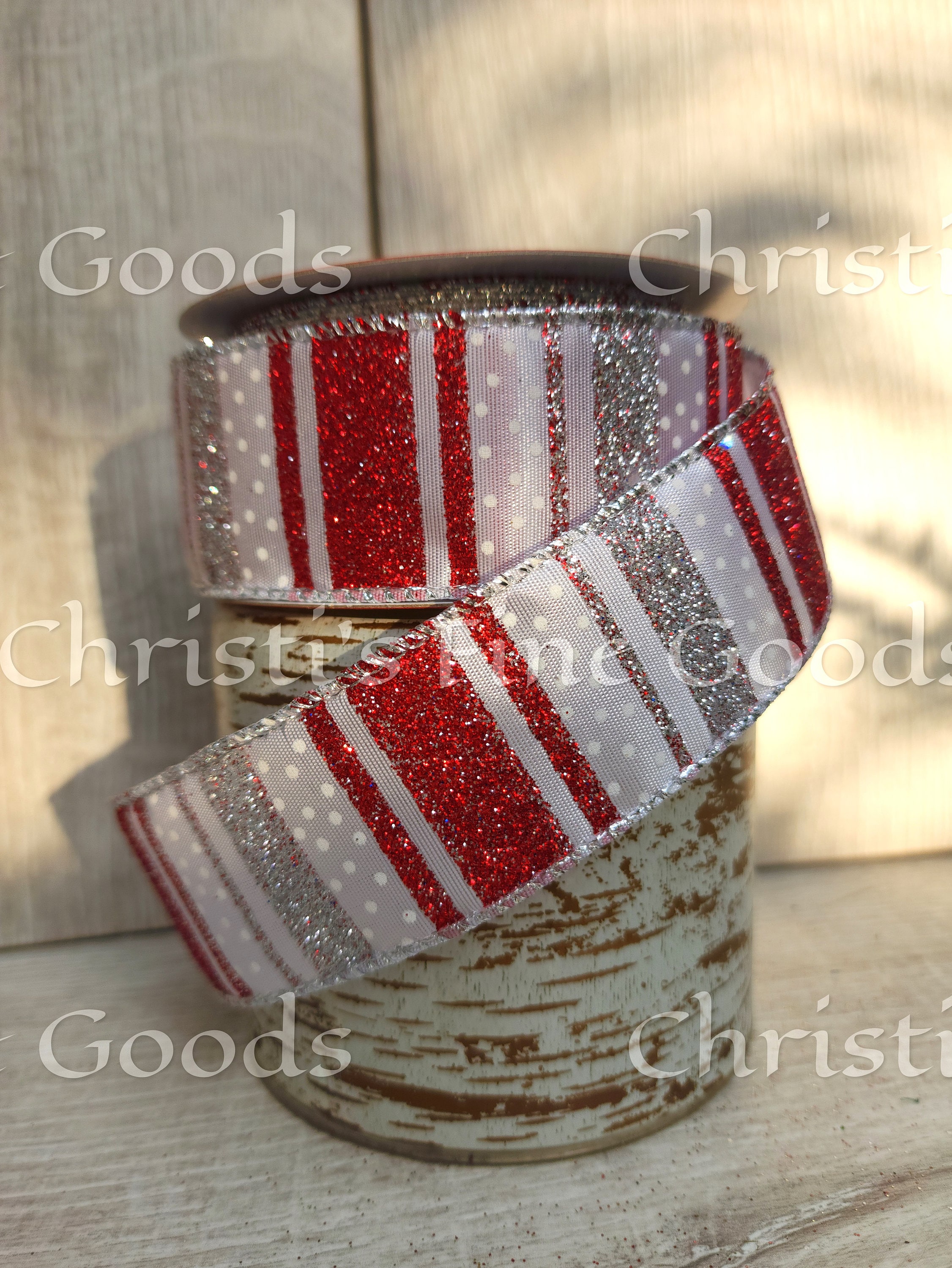 2.5 Red White Glitter Thick Stripe Satin Wired Ribbon on a 10 Yard Roll