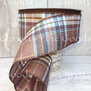 Plaid Christmas Ribbon: Brown, Blue, Gold Accent, 2.5&quot; Wired - 5 Yard
