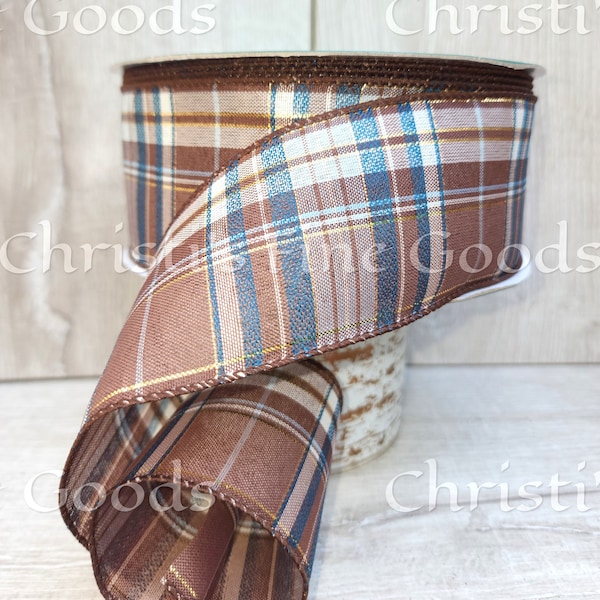 Cozy Brown Blue and White with Gold Accent Plaid Christmas Ribbon Wired 2.5" Wide Comes in 5 Yard Increments.