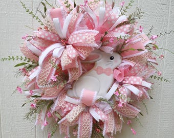 Soft Pink Easter Bunny Wreath: Handmade Ribbon Farmhouse Door Decor