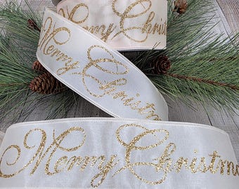 Joyeux Noël 2,5 x 5 YD en paillettes d'or sur ruban de satin crème, ruban avec fil.