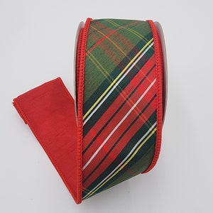 2.5&quot;X10YD Classic Designer Christmas Plaid Ribbon in Red and Green with Red Background. Wired.