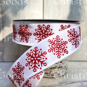 Red Snowflake on White Satin Christmas Wired Ribbon 1.5&quot; Wide 5 Yard