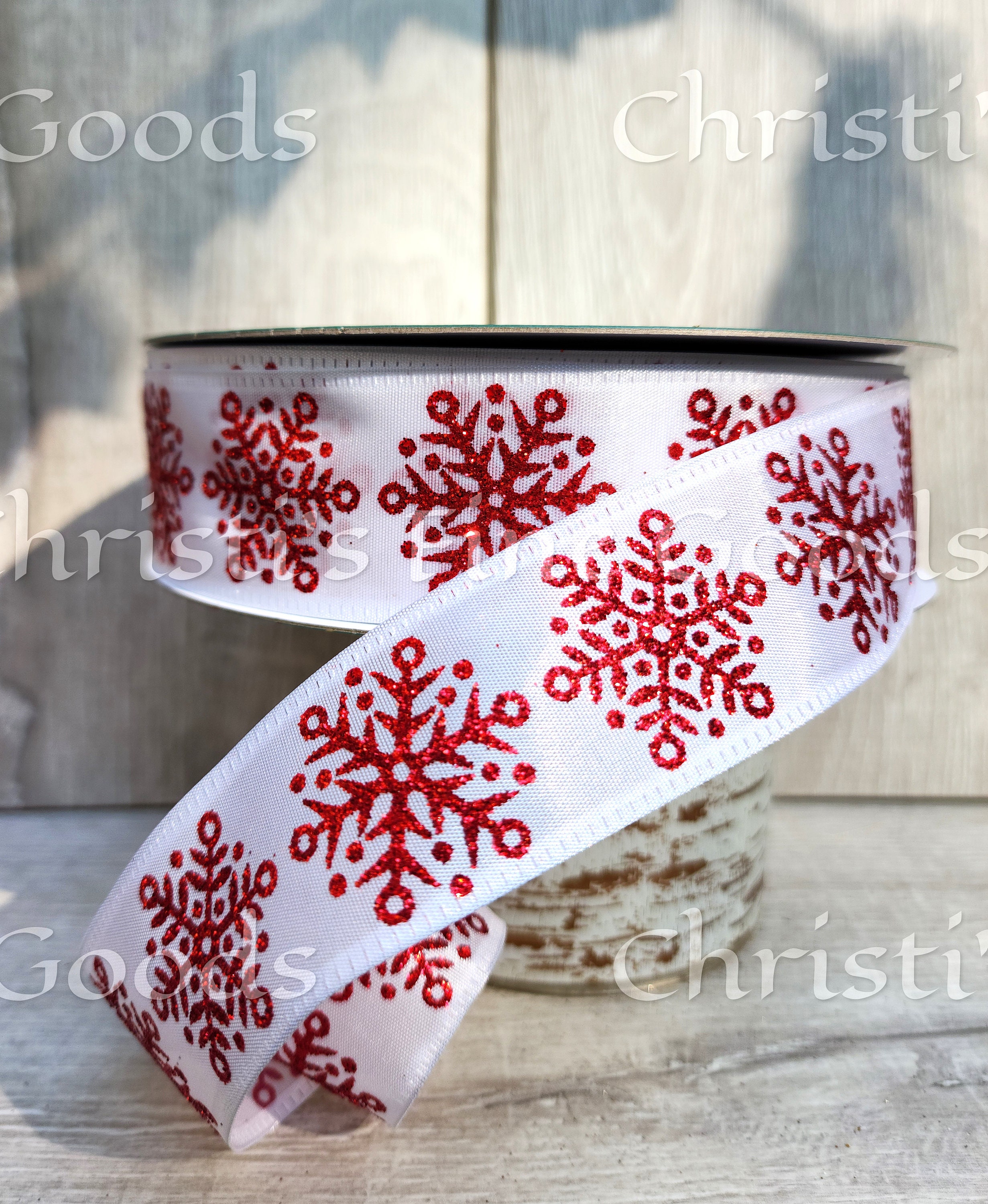 1.5 inch White Satin with Gold and Silver Snowflake Ribbon