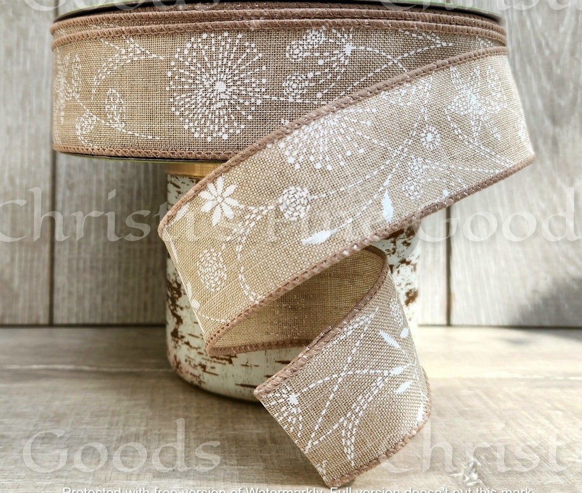 Floral Faux Linen Ribbon: Spring White Flower Motif, Wired - 1.5