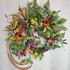Summer, Spring, Vibrant, Front door Poppy and Grapevine Wreath.