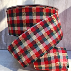 Wired Christmas Ribbon: Red, Green, Cream Plaid with Gold - 2.5" Wide, 5 Yards