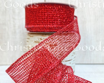 Gorgeous Red Christmas Glitter Square Mesh Wired Ribbon 1.5 Inch. 30'/10 Yard Roll.