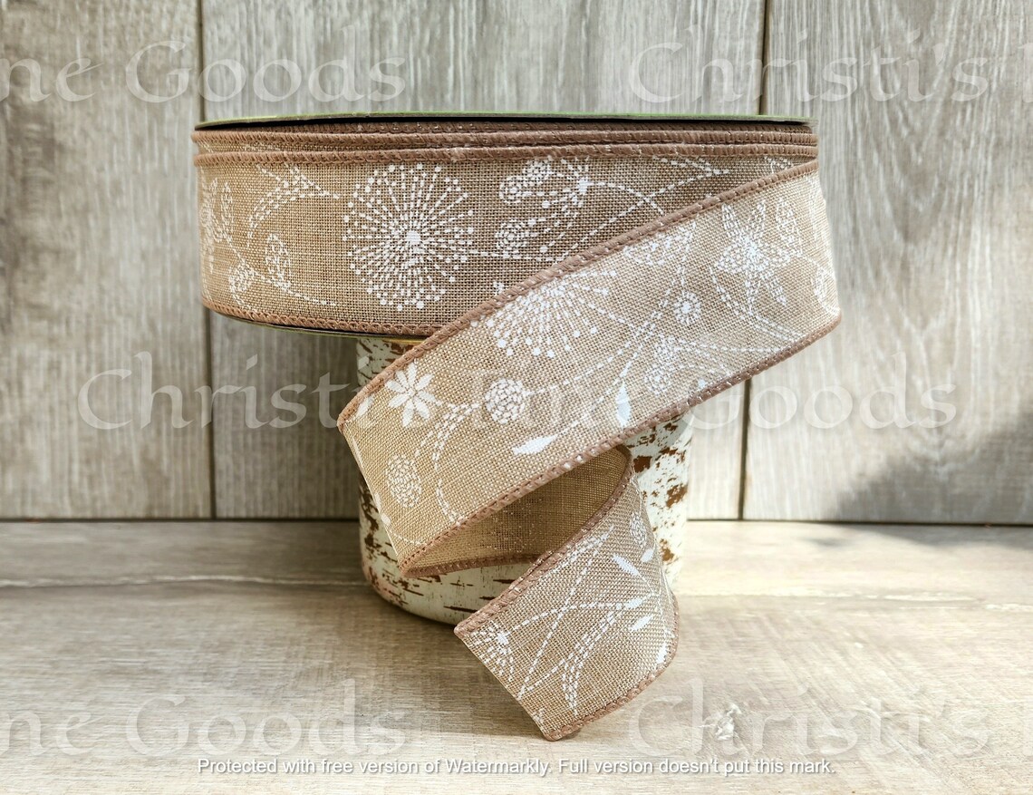 Floral Faux Linen Ribbon: Spring White Flower Motif, Wired - 1.5