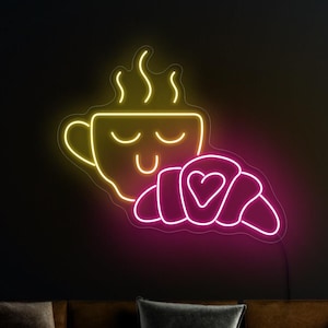 Coffee & Croissant neon sign, Coffee bar neon sign, Bakery neon sign, Cute coffee cup sign, Coffee shop neon sign, Coffee wall art decor