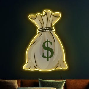 Insegna al neon con sacco di soldi, insegna al neon con dollaro, insegna al neon con denaro, insegna al neon con Hustle, decorazione da parete con denaro, decorazione da parete con Hustle, decorazione da parete con dollaro