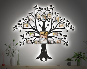 Family tree photo collage, Wood family tree with photo, Led family tree, Large family photo collage, Led wall decor, Wooden photo frames