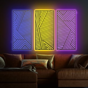 Geometric wall art led, Wood wall art light, Lighted wall art, Wall art 3 piece set, Geometric light, Wall art neon light, Wall art set of 3