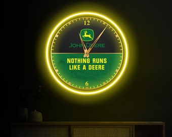 Horloge murale John Deere, horloge néon John Deere, enseigne LED John Deere, lumière John Deere, horloge murale lumineuse unique, horloge murale de ferme, cadeau paysan