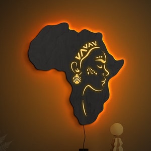 Mapa de África de la Reina Negra, Arte mural africano de neón, Arte luminoso de estilo africano, Arte de la Reina Africana, Decoración LED de Mujer Africana, Mujer africana de madera