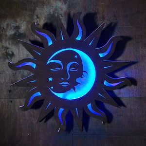 Sonne und Mond Leuchtreklame, Sonne und Mondlichter, Sonne und Mond LED-Schild, Sonne und Mond Lampe, Sonne und Mond Holz Wandkunst, Holz LED Wandleuchte