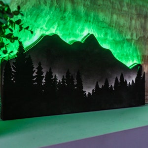 Arte murale di montagna con luci, Arte murale di montagna con alberi, Insegna a LED di montagna, Luci a LED di montagna, Insegna al neon di montagna, Luci al neon di montagna